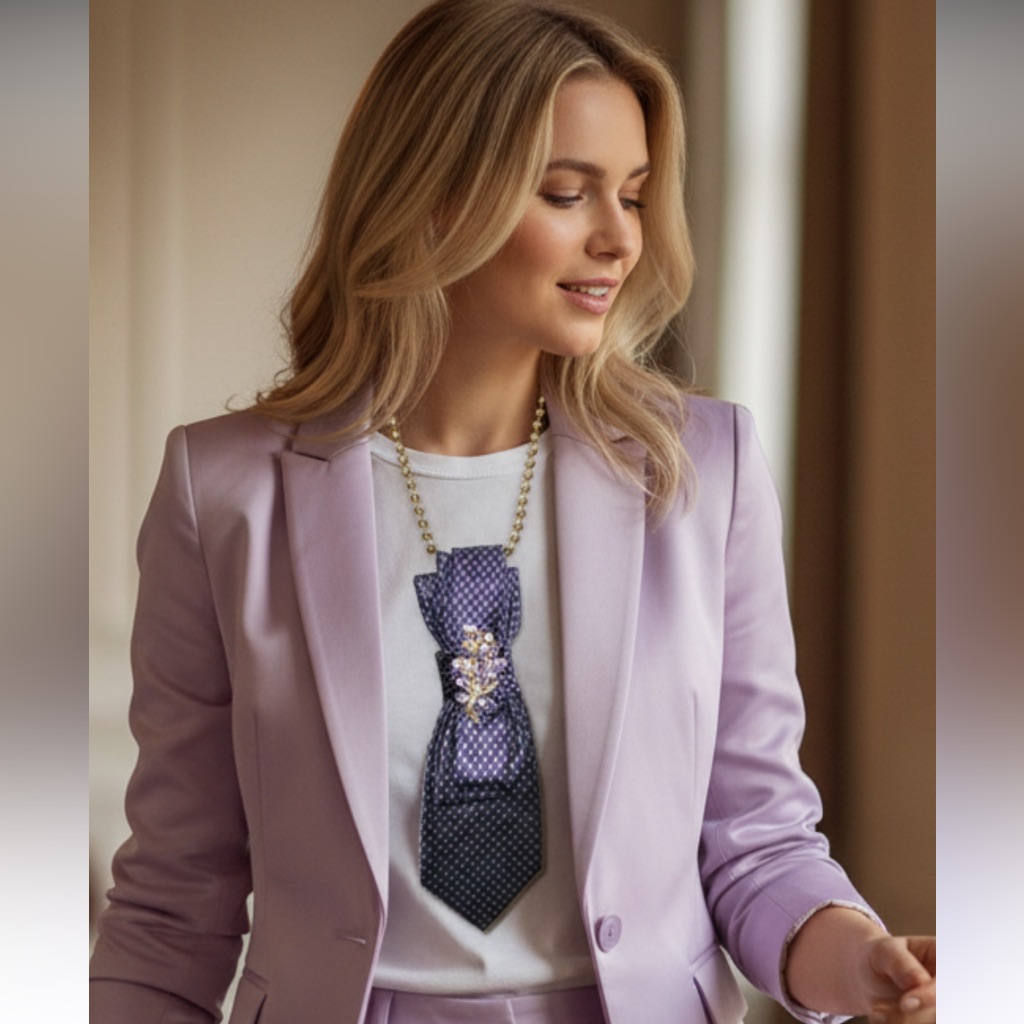 “Dainty Dapper”Purple And Lavender Patterned Tie Necklace With Brooch